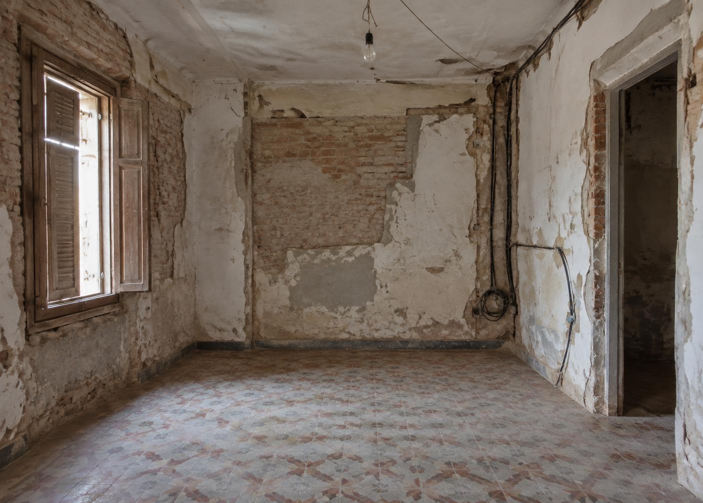Estado previo de una vivienda antes de la rehabilitación: muros descarnados y ladrillo visto