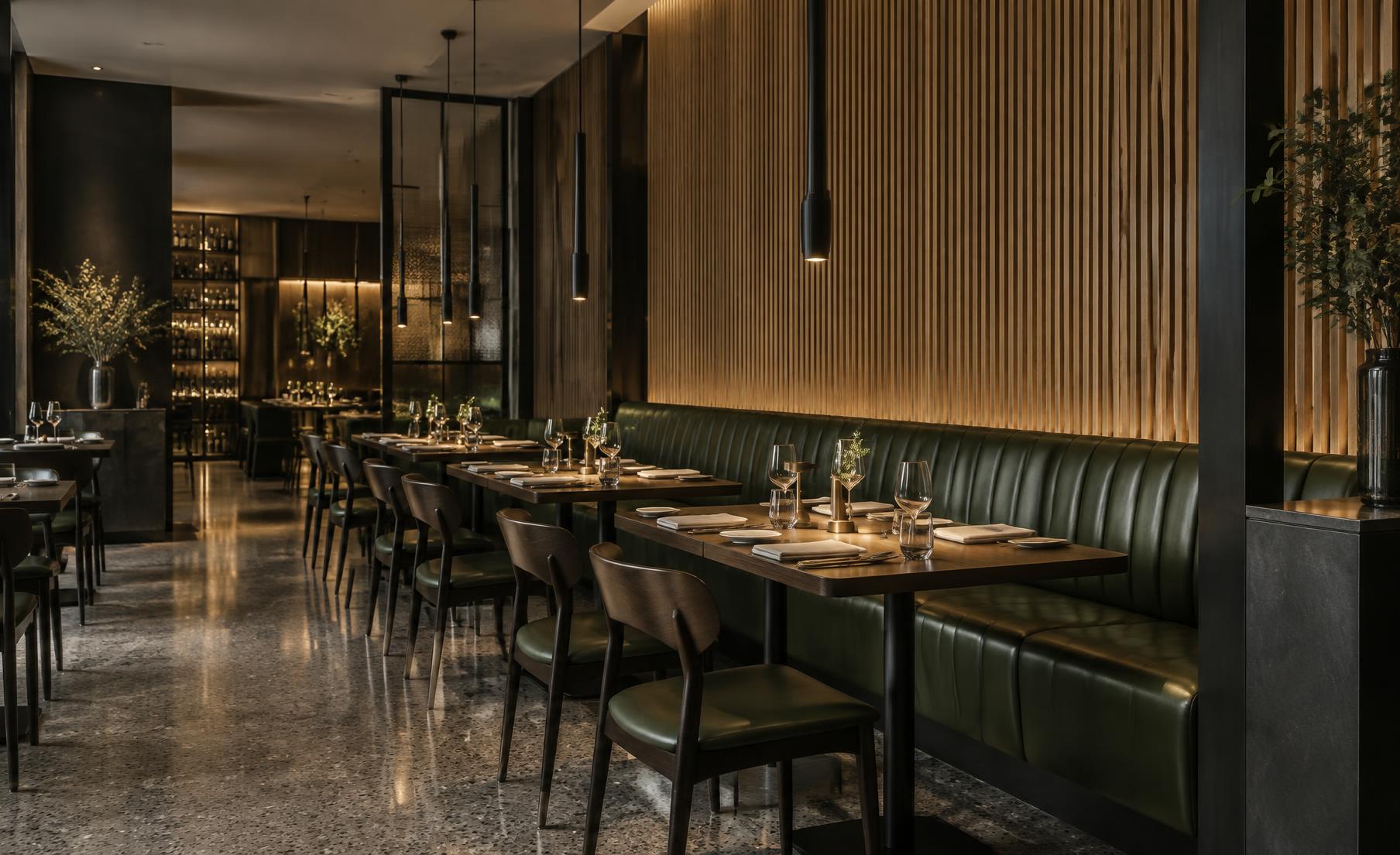 Interior de restaurante proyectado por Pro-Silver: banco tapizado, listones de roble y luz cálida