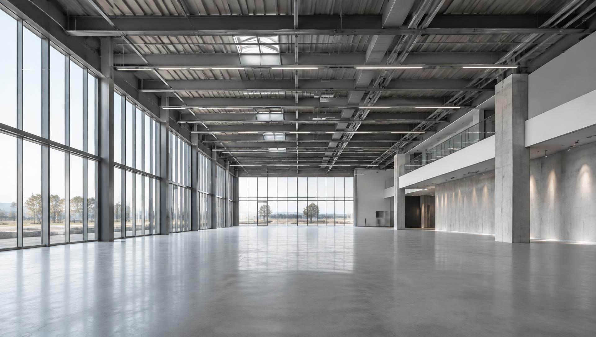 Gran superficie comercial con estructura metálica vista, pavimento continuo e iluminación lineal